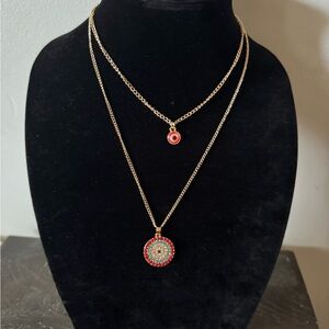 NWT- fashion Elegant double strand Gold  tone and Red evil eye Pendant.